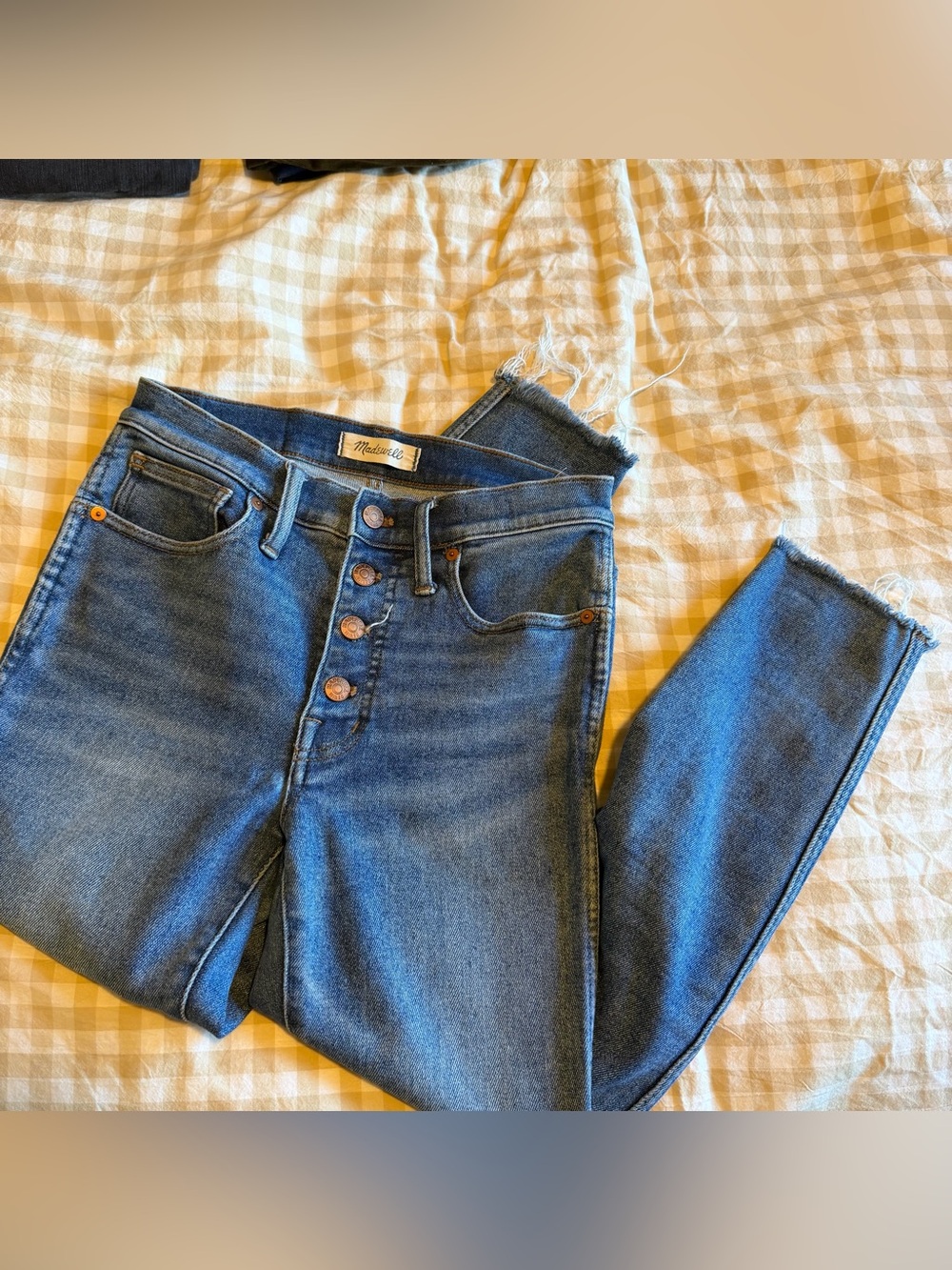 Madewell Button-Fly High-Rise raw hem Skinny Jeans — Blue Denim